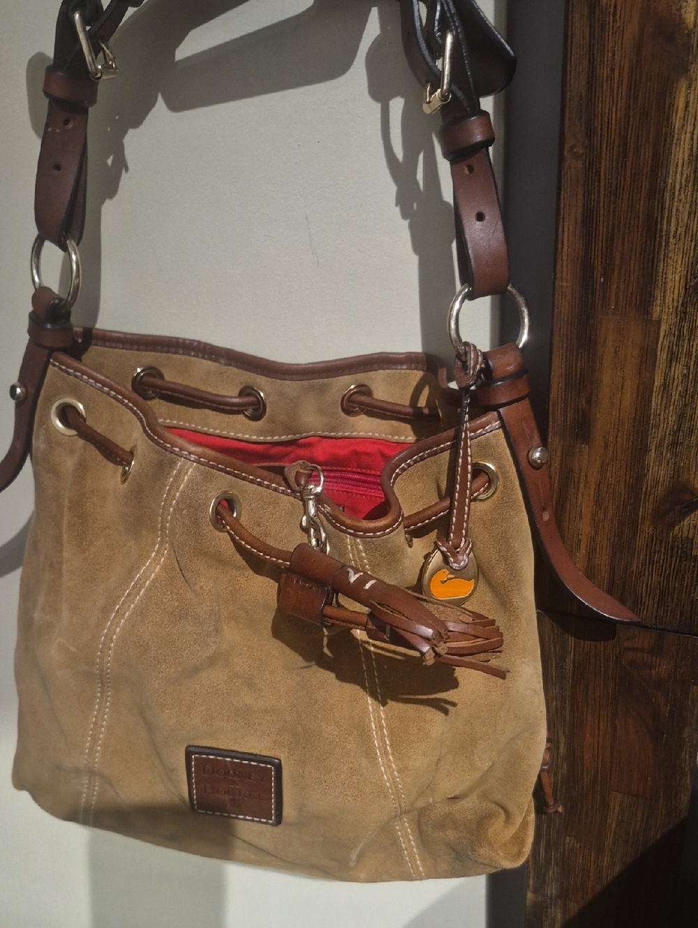 Dooney & Bourke Tan Suede Drawstring Bucket Bag with Brown Leather Trim